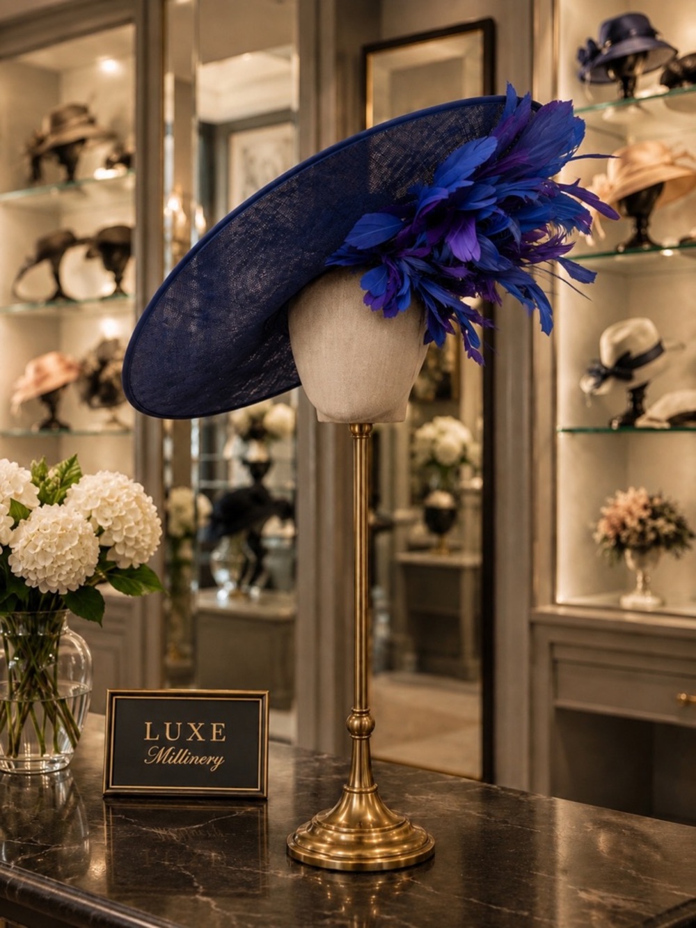 Statement Royal Blue Feathered Wide-Brim Hat